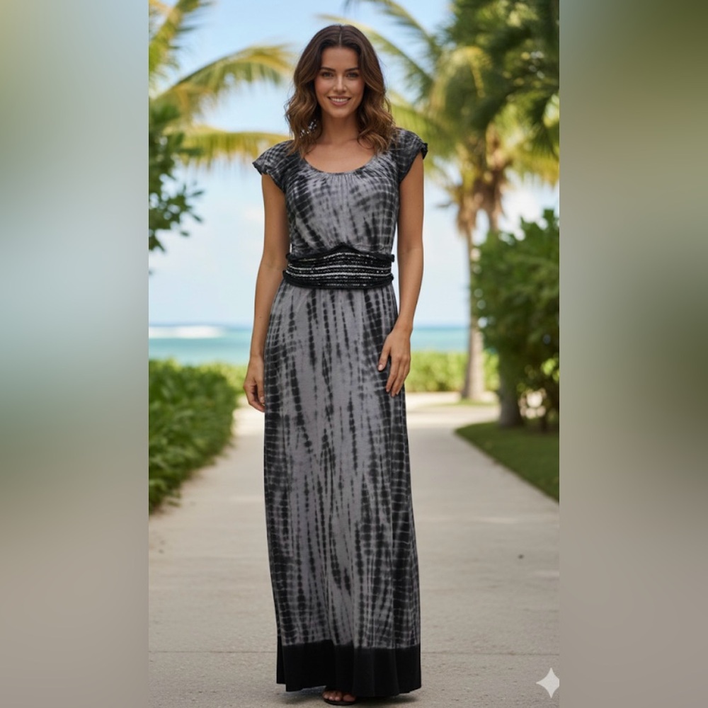 RXB cap sleeve maxi dress blue-gray black gray tie-dye  boho hippie chic Medium